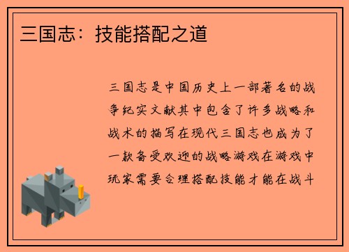 三国志：技能搭配之道